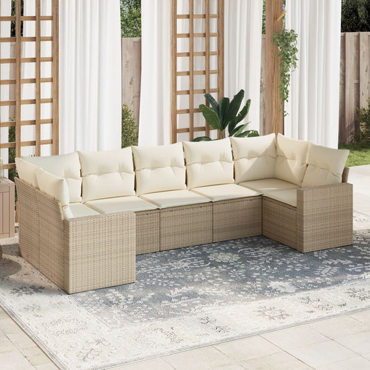 7-tlg. Garten-Sofagarnitur mit Kissen Beige Poly Rattan