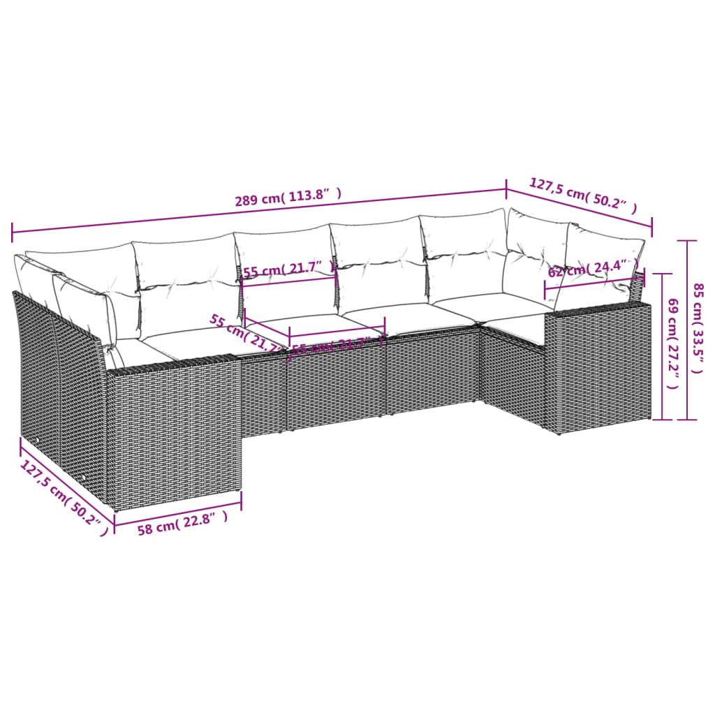 7-tlg. Garten-Sofagarnitur mit Kissen Hellgrau Poly Rattan