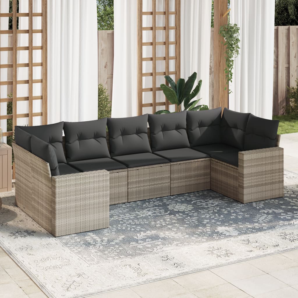 7-tlg. Garten-Sofagarnitur mit Kissen Hellgrau Poly Rattan