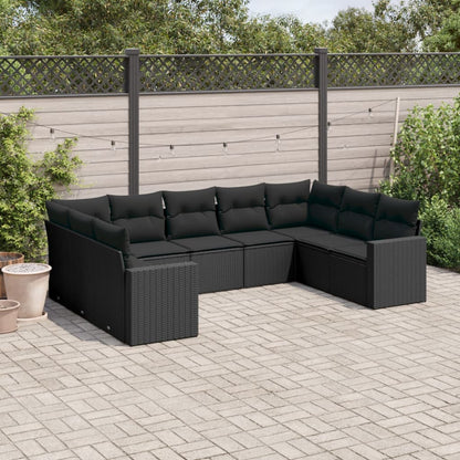 9-tlg. Garten-Sofagarnitur mit Kissen Schwarz Poly Rattan