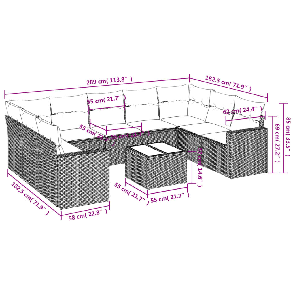 10-tlg. Garten-Sofagarnitur mit Kissen Hellgrau Poly Rattan