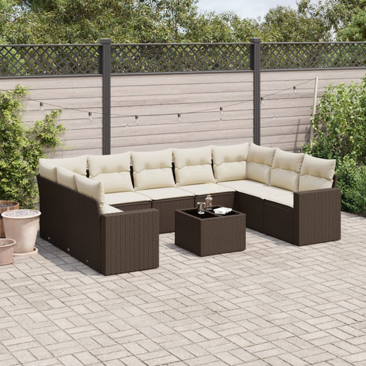 10-tlg. Garten-Sofagarnitur mit Kissen Braun Poly Rattan