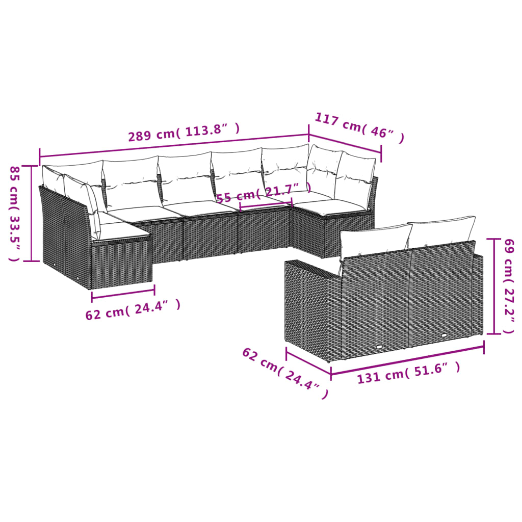 9-tlg. Garten-Sofagarnitur mit Kissen Schwarz Poly Rattan