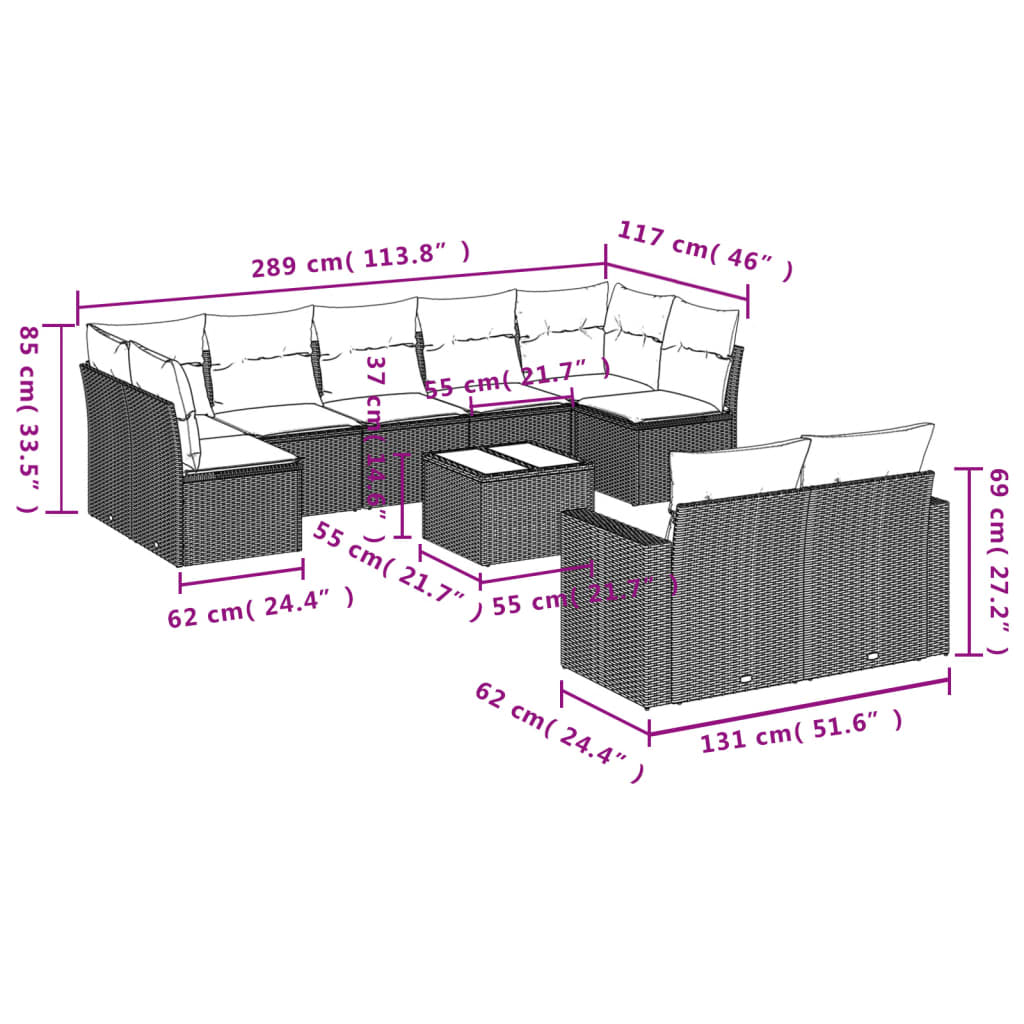 10-tlg. Garten-Sofagarnitur mit Kissen Schwarz Poly Rattan