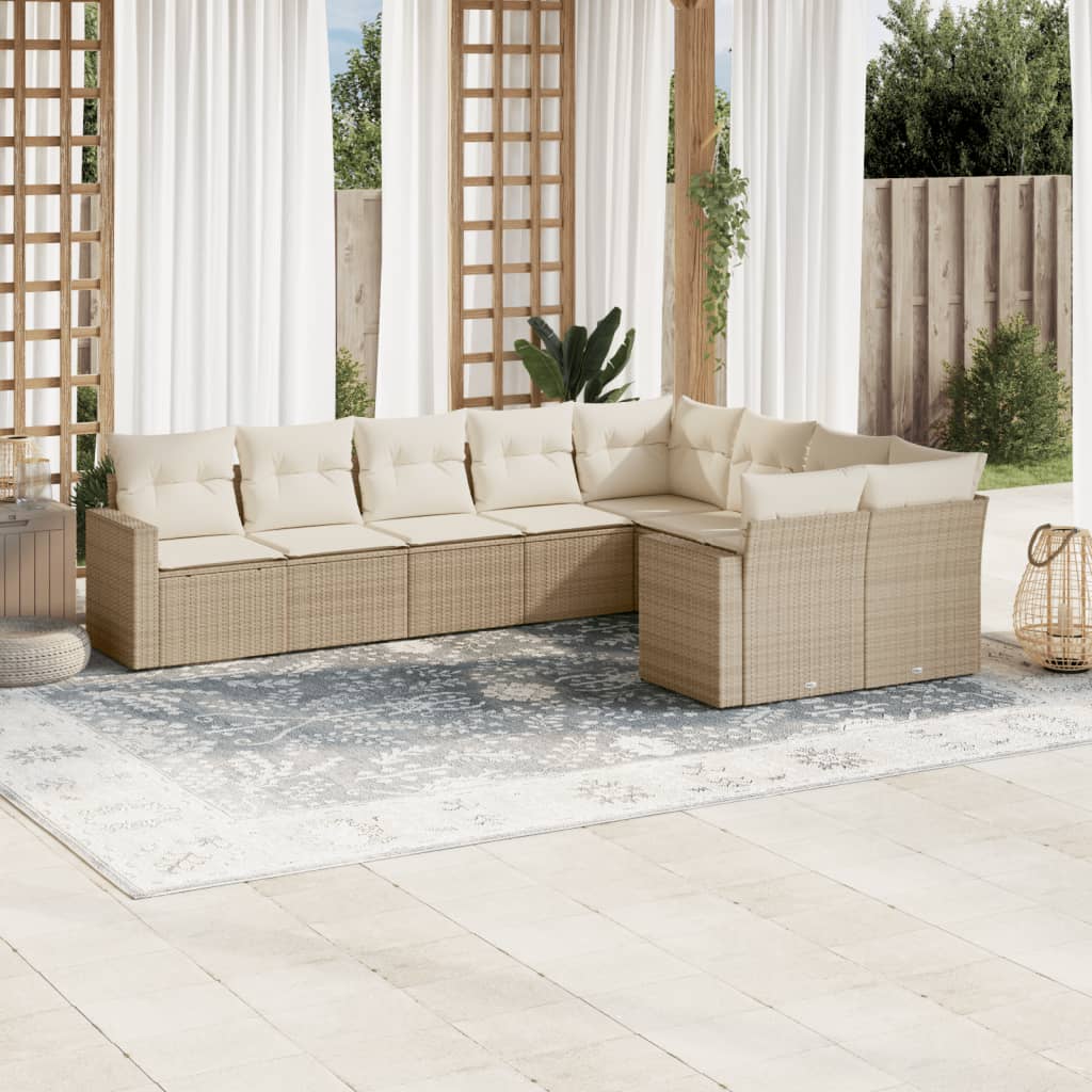 9-tlg. Garten-Sofagarnitur mit Kissen Beige Poly Rattan