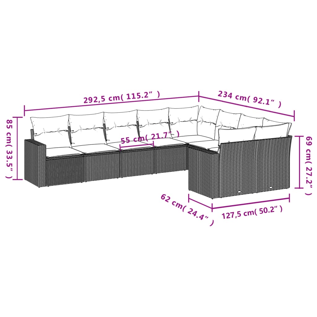 9-tlg. Garten-Sofagarnitur mit Kissen Beige Poly Rattan