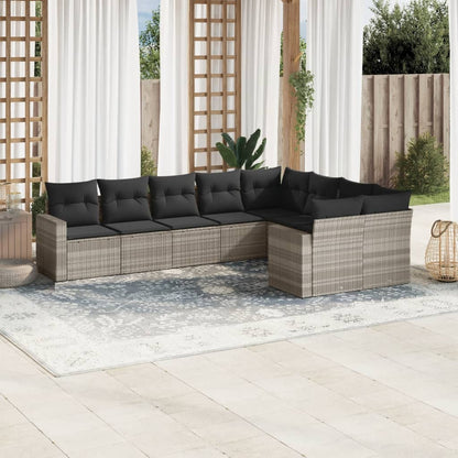 9-tlg. Garten-Sofagarnitur mit Kissen Hellgrau Poly Rattan