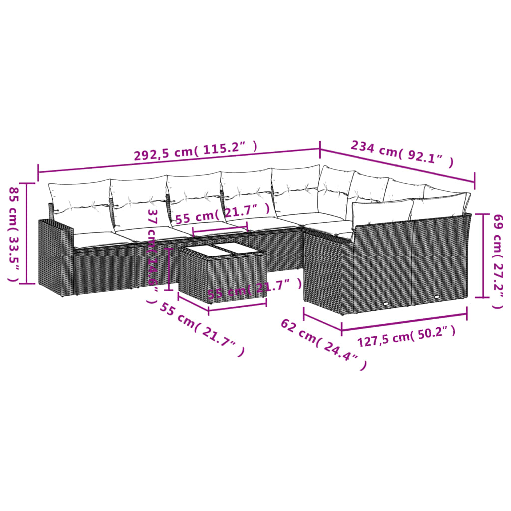 10-tlg. Garten-Sofagarnitur mit Kissen Schwarz Poly Rattan