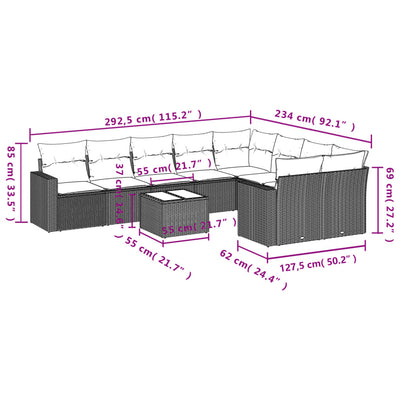 10-tlg. Garten-Sofagarnitur mit Kissen Grau Poly Rattan