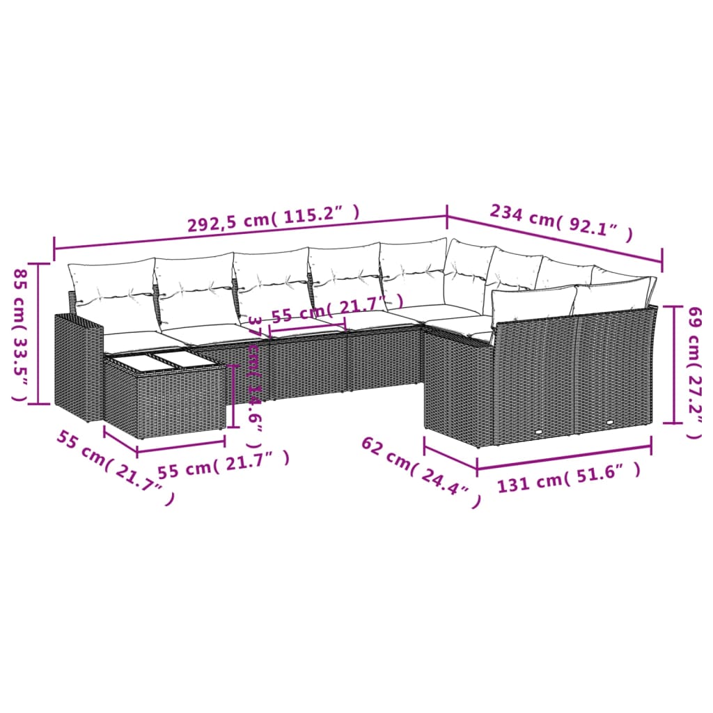 10-tlg. Garten-Sofagarnitur mit Kissen Schwarz Poly Rattan