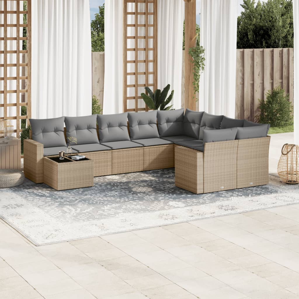 10-tlg. Garten-Sofagarnitur mit Kissen Beige Poly Rattan