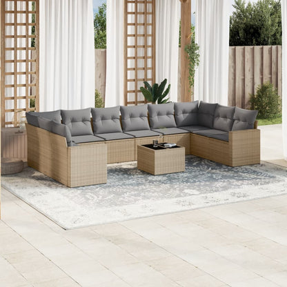 11-tlg. Garten-Sofagarnitur mit Kissen Beige Poly Rattan