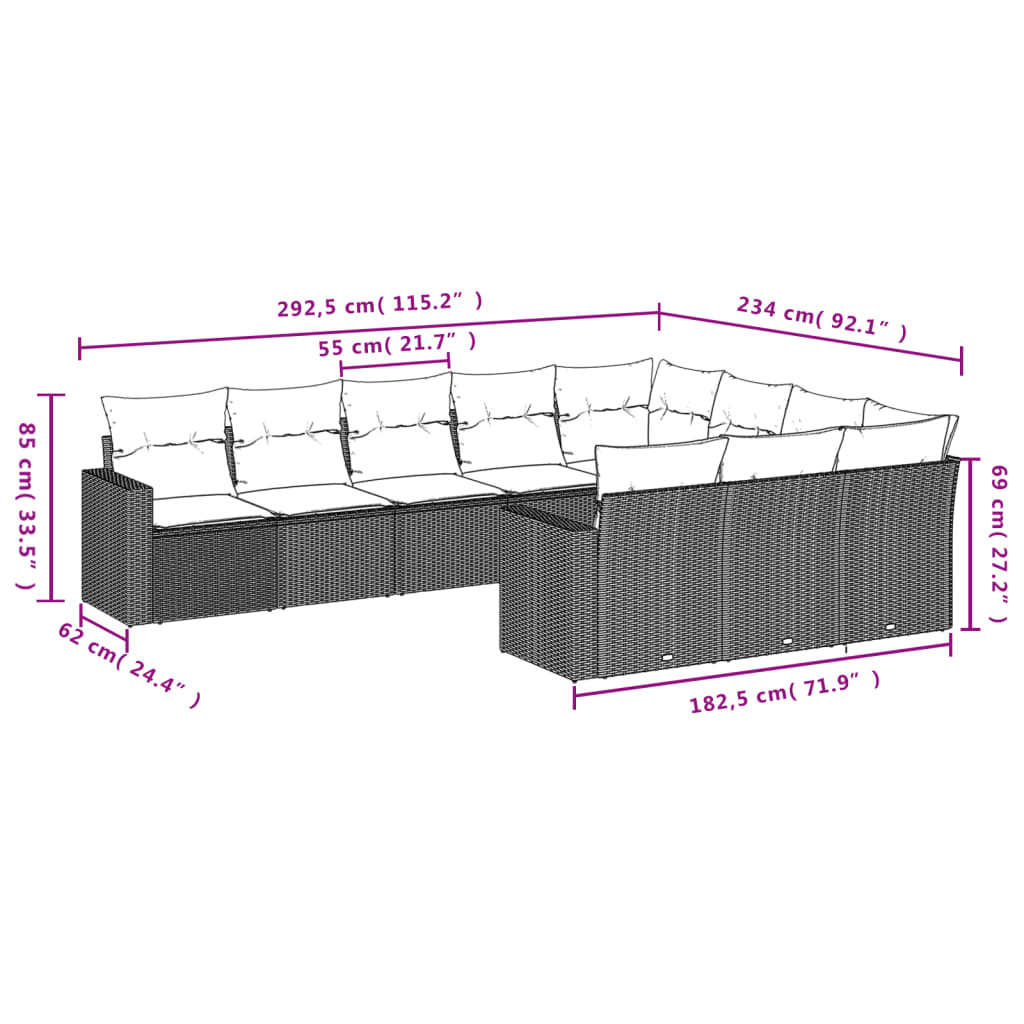 10-tlg. Garten-Sofagarnitur mit Kissen Grau Poly Rattan