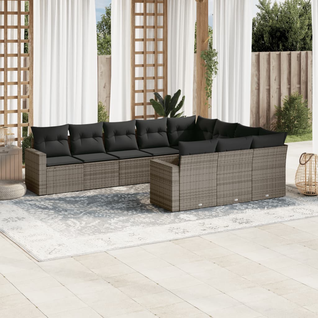 10-tlg. Garten-Sofagarnitur mit Kissen Grau Poly Rattan