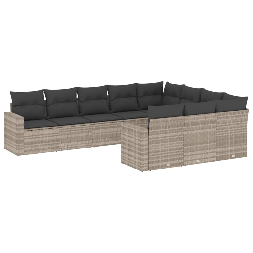 10-tlg. Garten-Sofagarnitur mit Kissen Hellgrau Poly Rattan