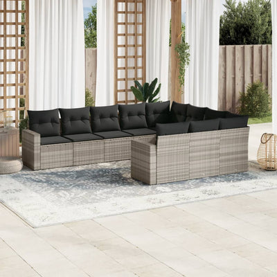 10-tlg. Garten-Sofagarnitur mit Kissen Hellgrau Poly Rattan