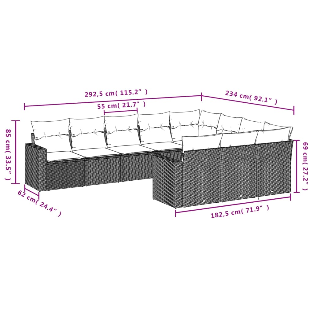 10-tlg. Garten-Sofagarnitur mit Kissen Braun Poly Rattan