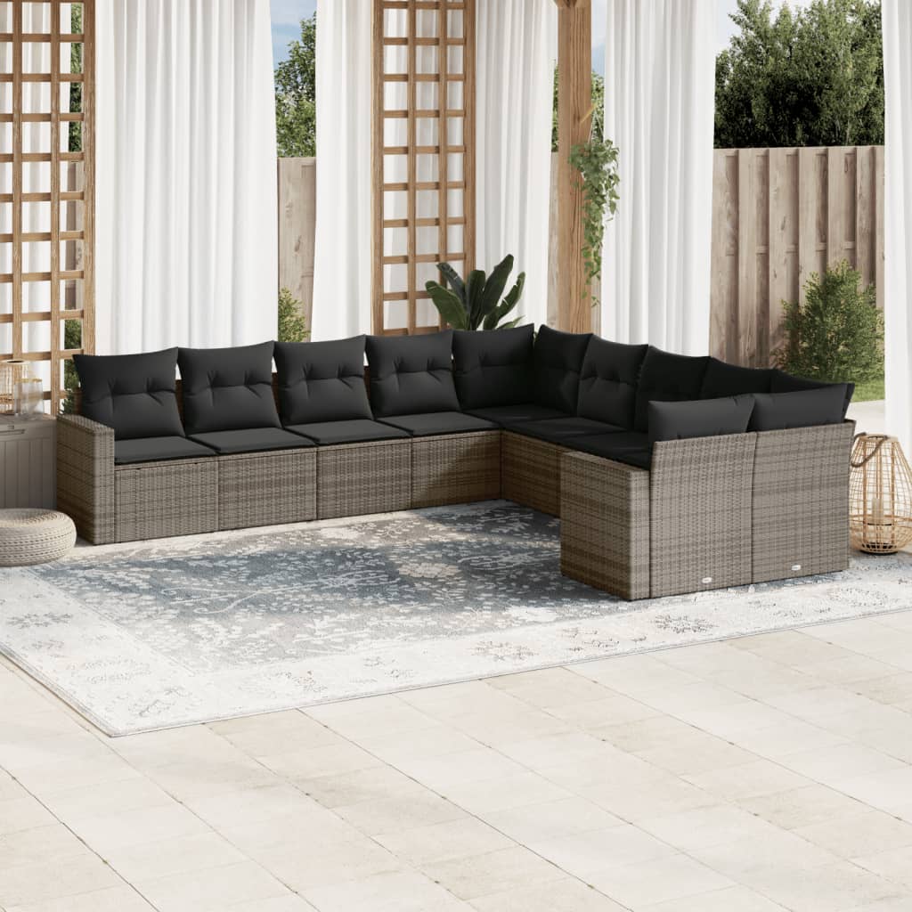 10-tlg. Garten-Sofagarnitur mit Kissen Grau Poly Rattan