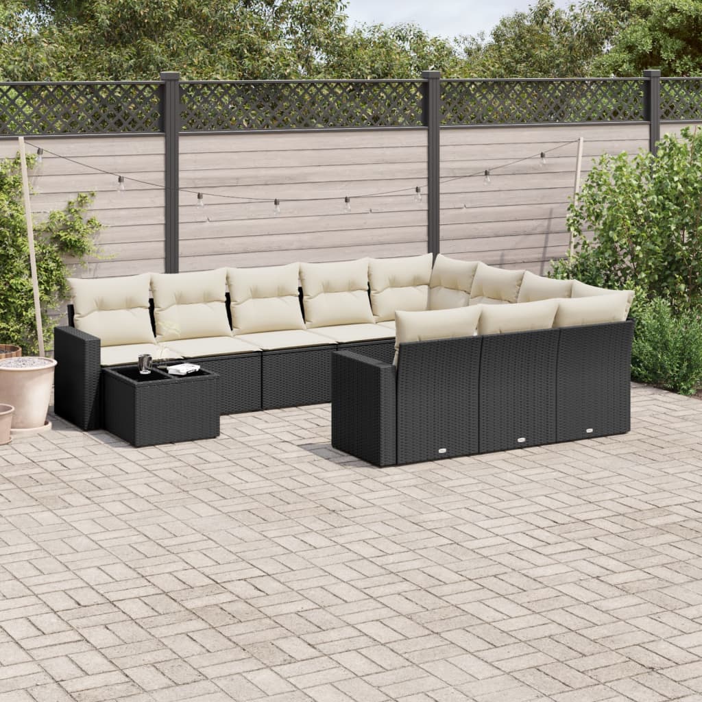 11-tlg. Garten-Sofagarnitur mit Kissen Schwarz Poly Rattan