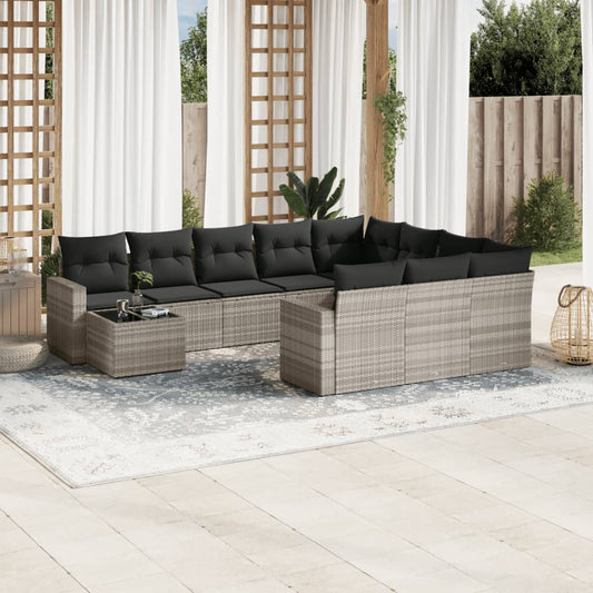 11-tlg. Garten-Sofagarnitur mit Kissen Hellgrau Poly Rattan