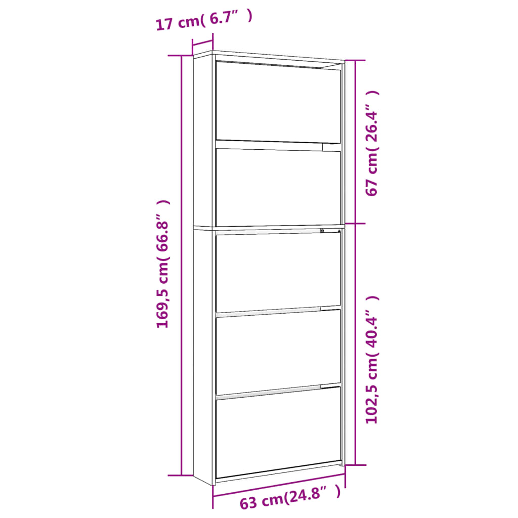 Schuhschrank mit Spiegel 5 Fächer Braun Eiche 63x17x169,5 cm