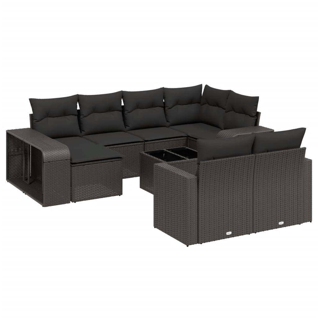 11-tlg. Garten-Sofagarnitur mit Kissen Schwarz Poly Rattan