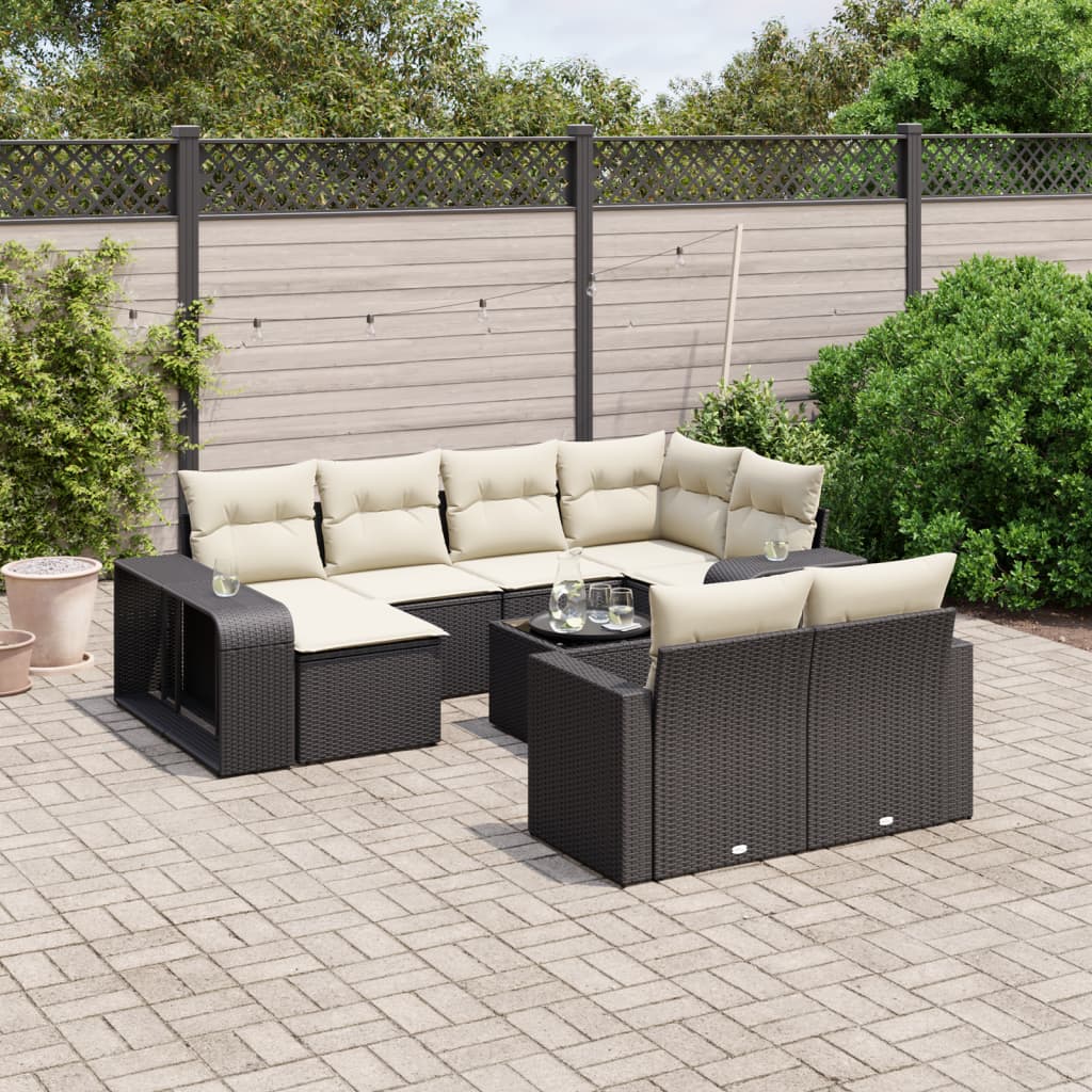 11-tlg. Garten-Sofagarnitur mit Kissen Schwarz Poly Rattan