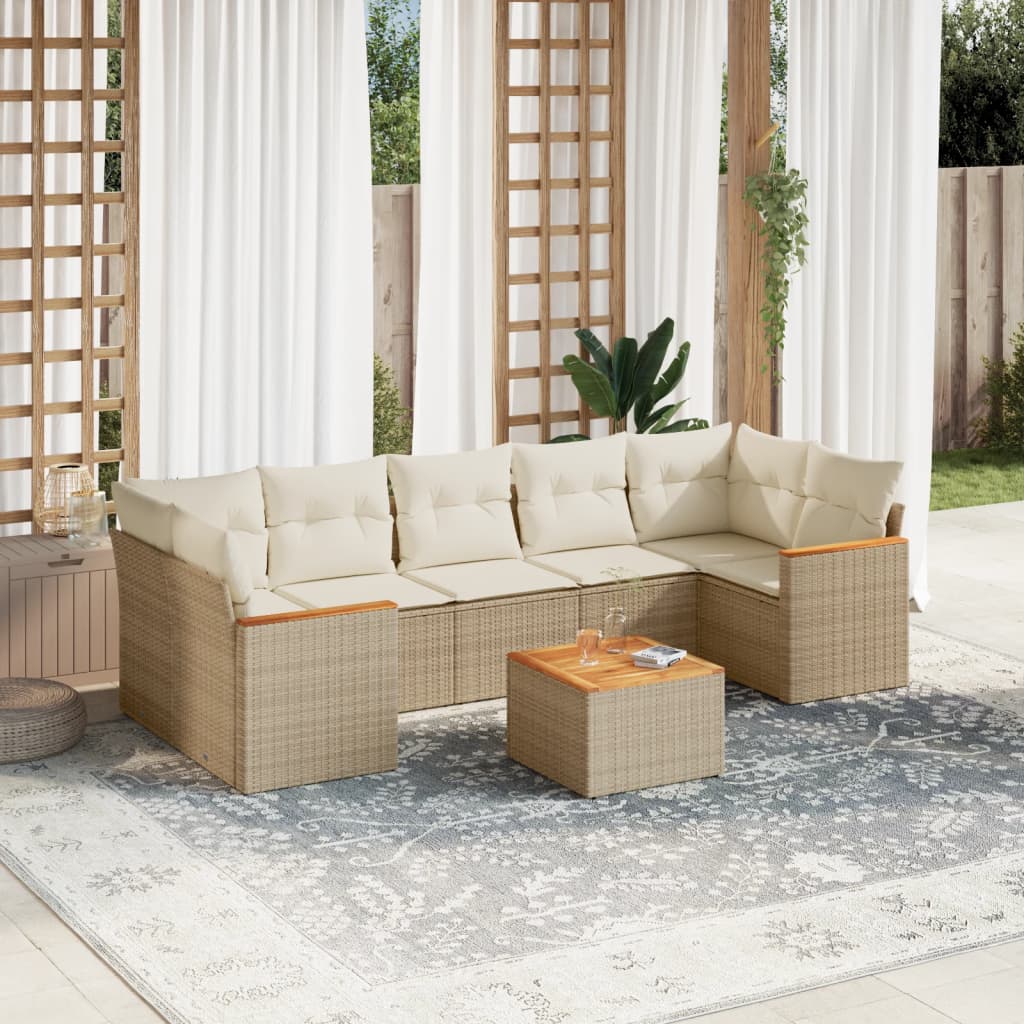 8-tlg. Garten-Sofagarnitur mit Kissen Beige Poly Rattan