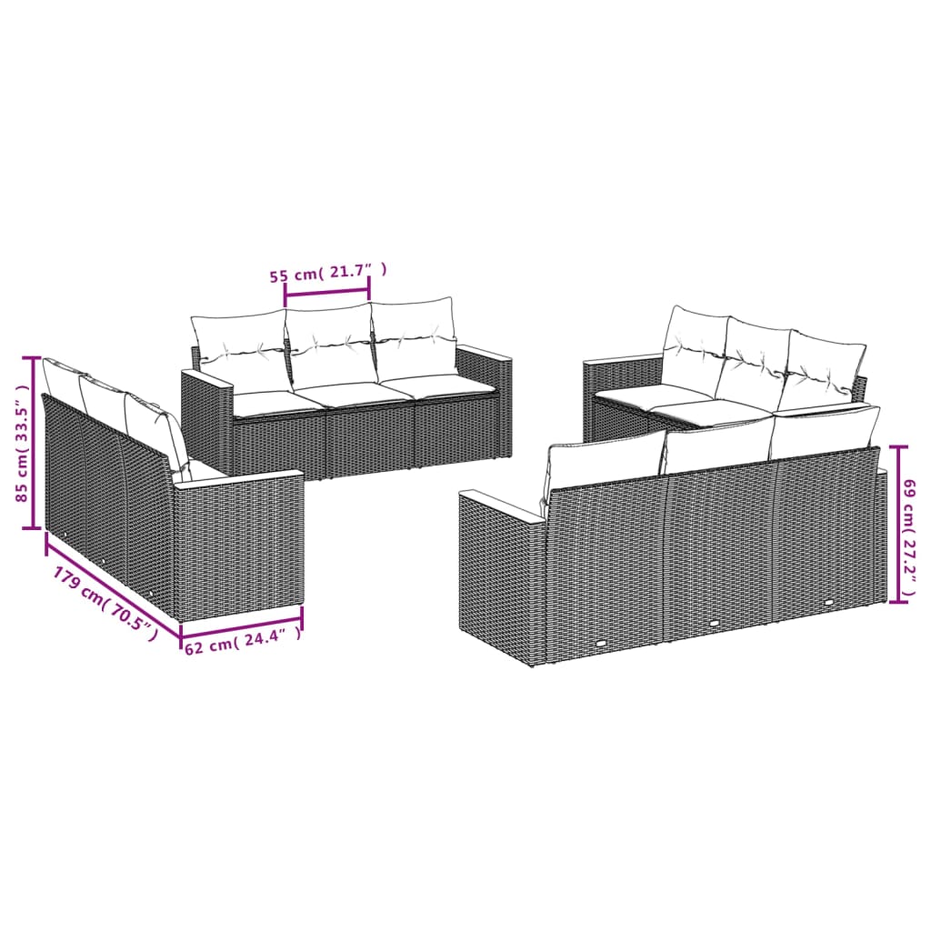 12-tlg. Garten-Sofagarnitur mit Kissen Schwarz Poly Rattan