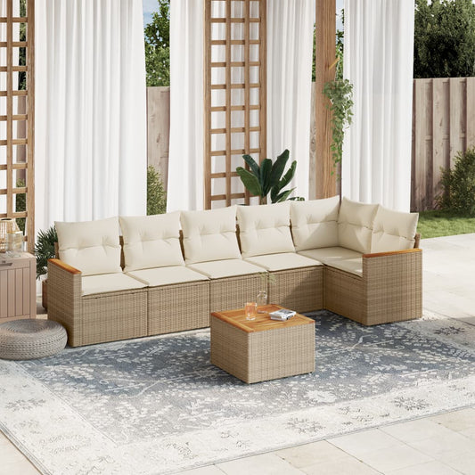 7-tlg. Garten-Sofagarnitur mit Kissen Beige Poly Rattan