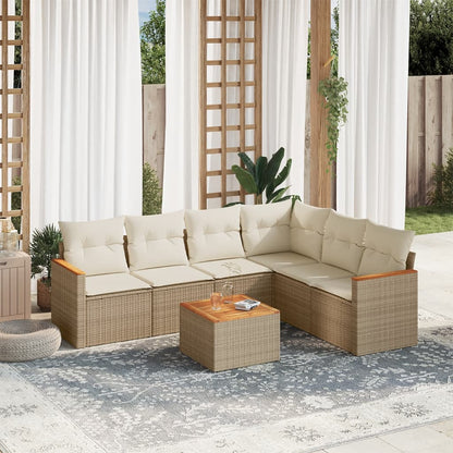 7-tlg. Garten-Sofagarnitur mit Kissen Beige Poly Rattan