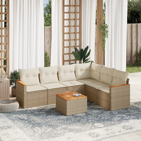 7-tlg. Garten-Sofagarnitur mit Kissen Beige Poly Rattan