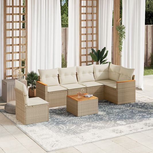 7-tlg. Garten-Sofagarnitur mit Kissen Beige Poly Rattan