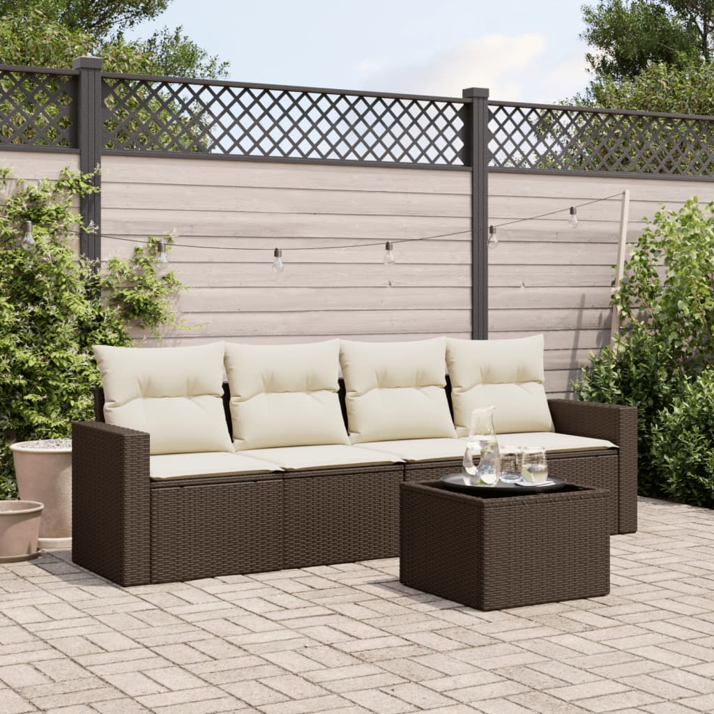 5-tlg. Garten-Sofagarnitur mit Kissen Braun Poly Rattan