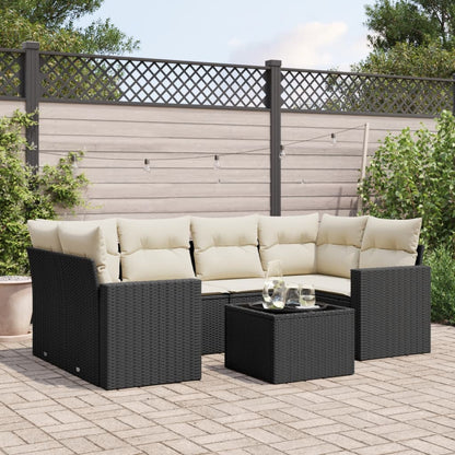 7-tlg. Garten-Sofagarnitur mit Kissen Schwarz Poly Rattan