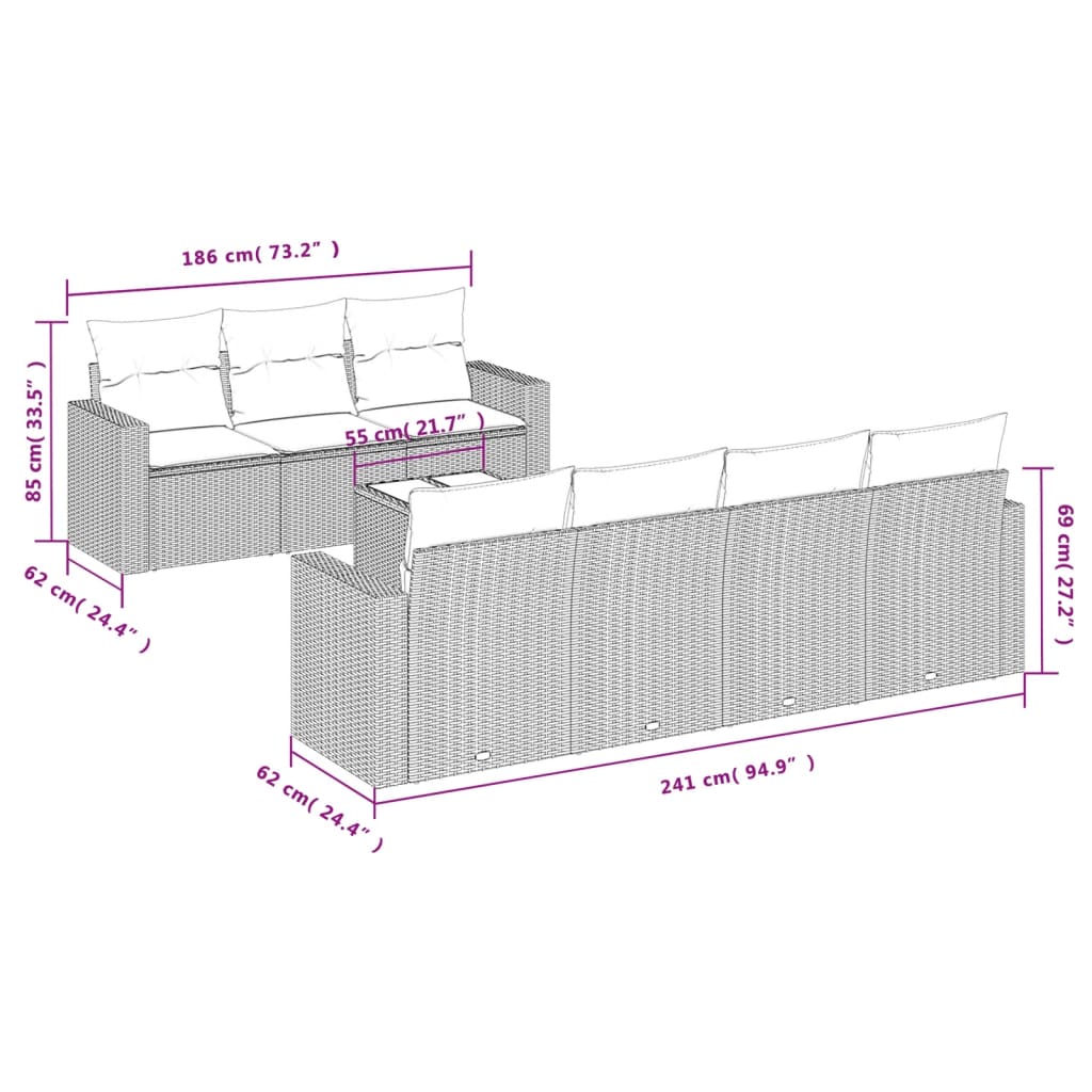 8-tlg. Garten-Sofagarnitur mit Kissen Hellgrau Poly Rattan