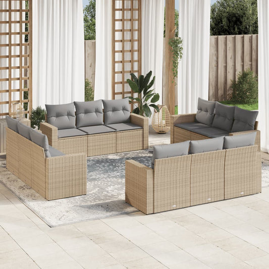 12-tlg. Garten-Sofagarnitur mit Kissen Beige Poly Rattan