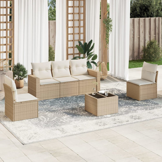 6-tlg. Garten-Sofagarnitur mit Kissen Beige Poly Rattan