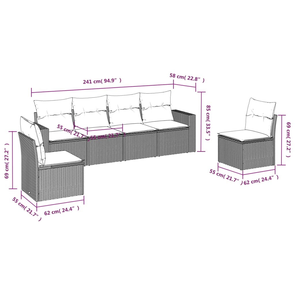 6-tlg. Garten-Sofagarnitur mit Kissen Schwarz Poly Rattan