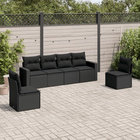 6-tlg. Garten-Sofagarnitur mit Kissen Schwarz Poly Rattan