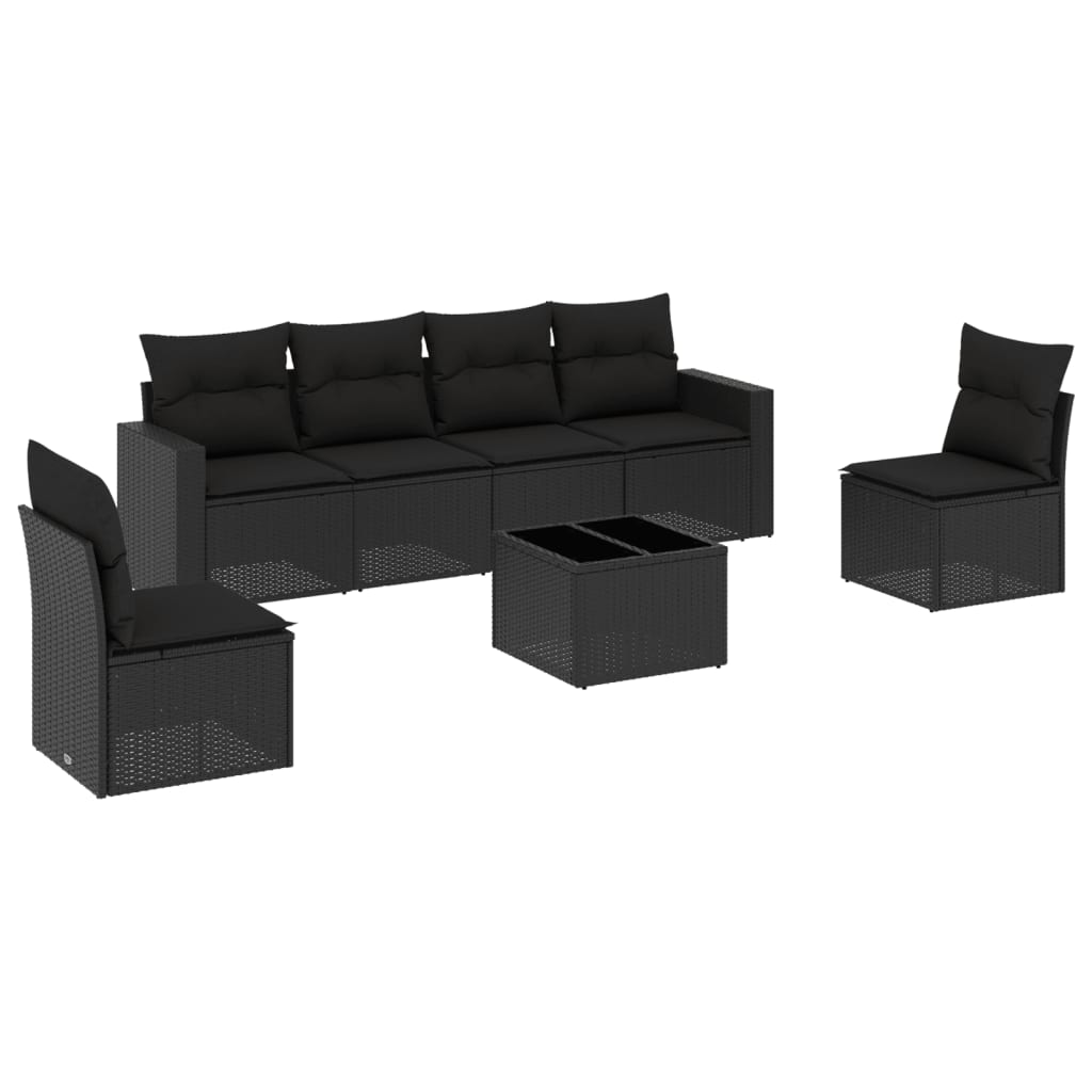 7-tlg. Garten-Sofagarnitur mit Kissen Schwarz Poly Rattan