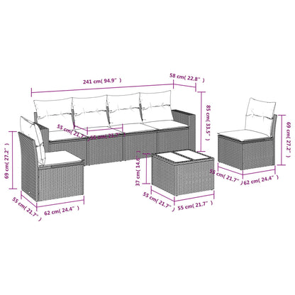 7-tlg. Garten-Sofagarnitur mit Kissen Grau Poly Rattan