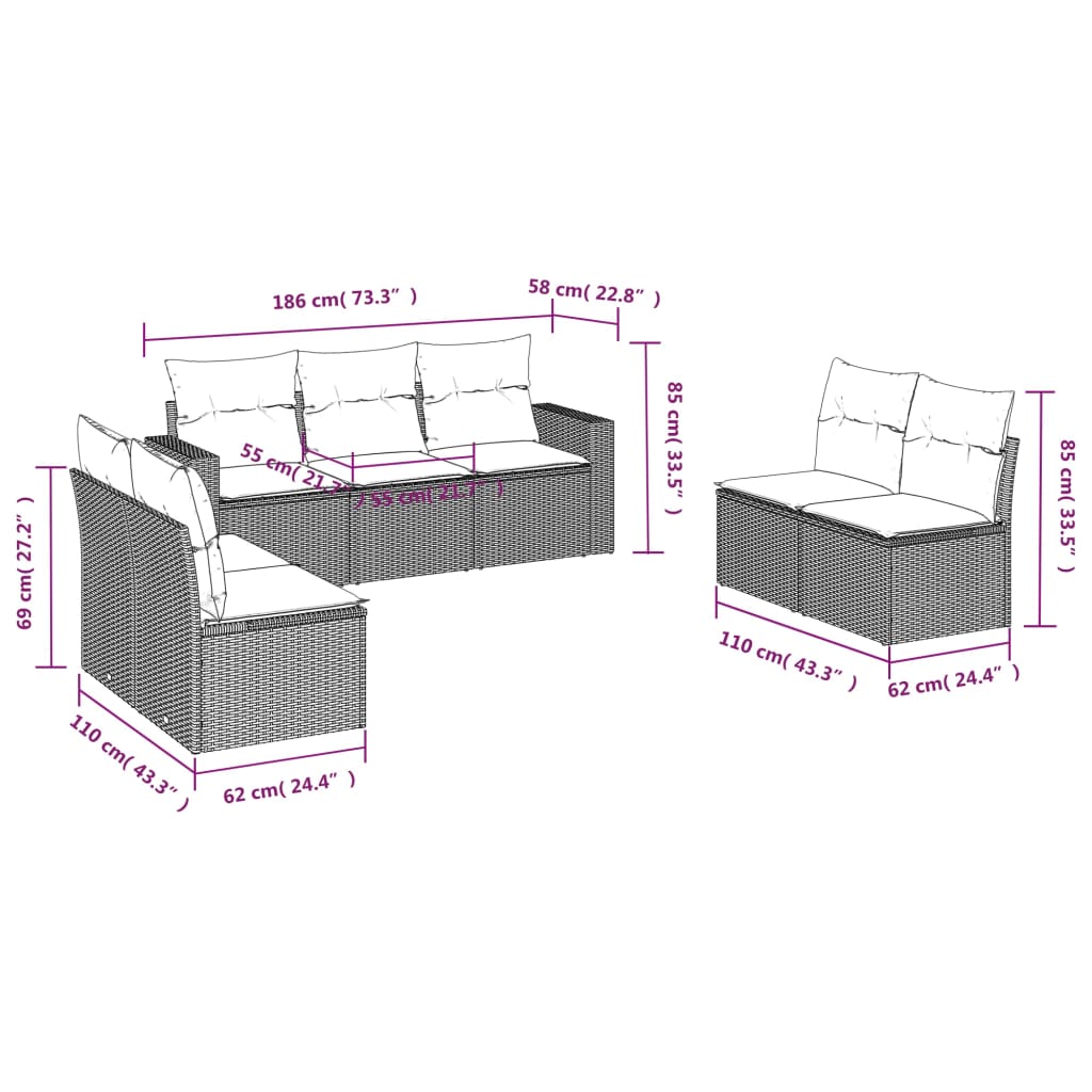 7-tlg. Garten-Sofagarnitur mit Kissen Schwarz Poly Rattan