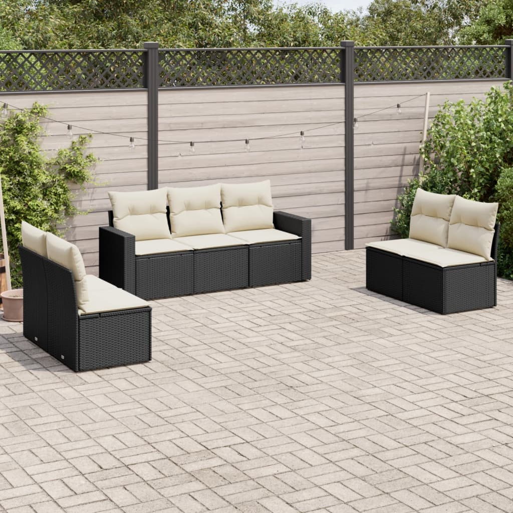 7-tlg. Garten-Sofagarnitur mit Kissen Schwarz Poly Rattan