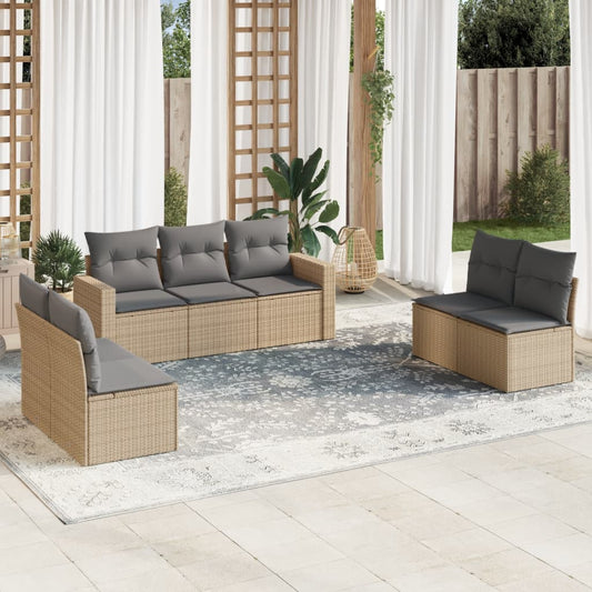 7-tlg. Garten-Sofagarnitur mit Kissen Beige Poly Rattan