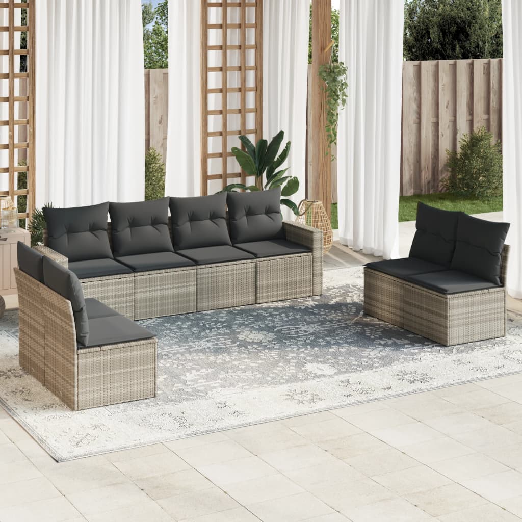 8-tlg. Garten-Sofagarnitur mit Kissen Hellgrau Poly Rattan