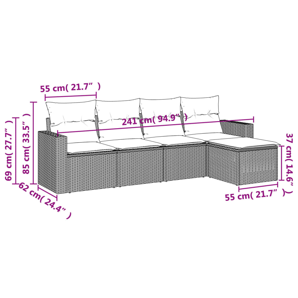 5-tlg. Garten-Sofagarnitur mit Kissen Braun Poly Rattan