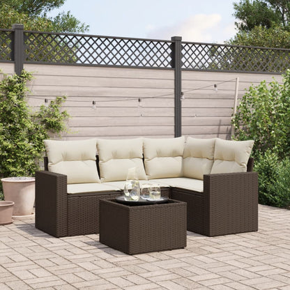 5-tlg. Garten-Sofagarnitur mit Kissen Braun Poly Rattan