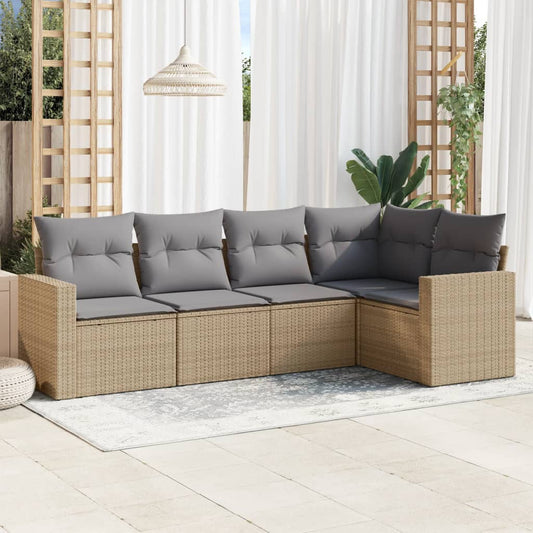 5-tlg. Garten-Sofagarnitur mit Kissen Beige Poly Rattan