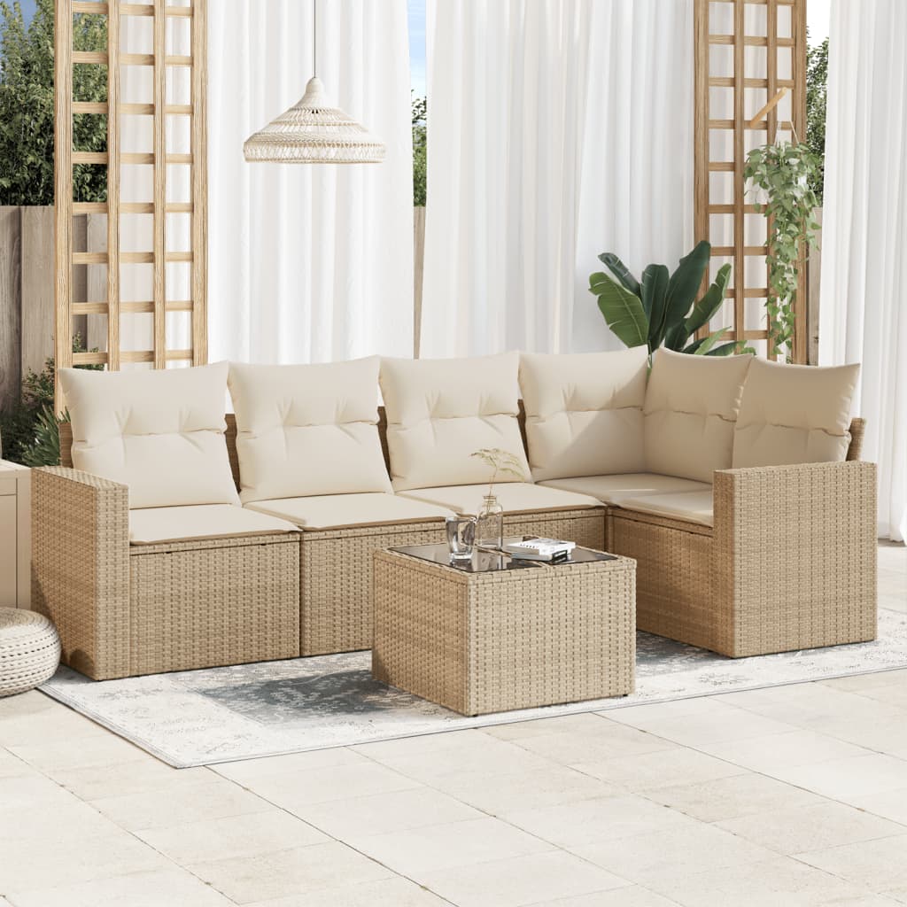 6-tlg. Garten-Sofagarnitur mit Kissen Beige Poly Rattan